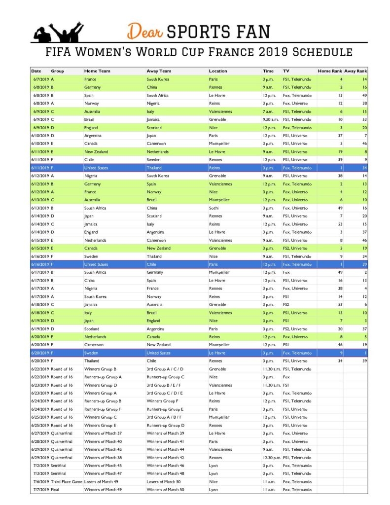 World Cup 2019 Printable Downloadable Calendar And Game Schedule Dear Sports Fan