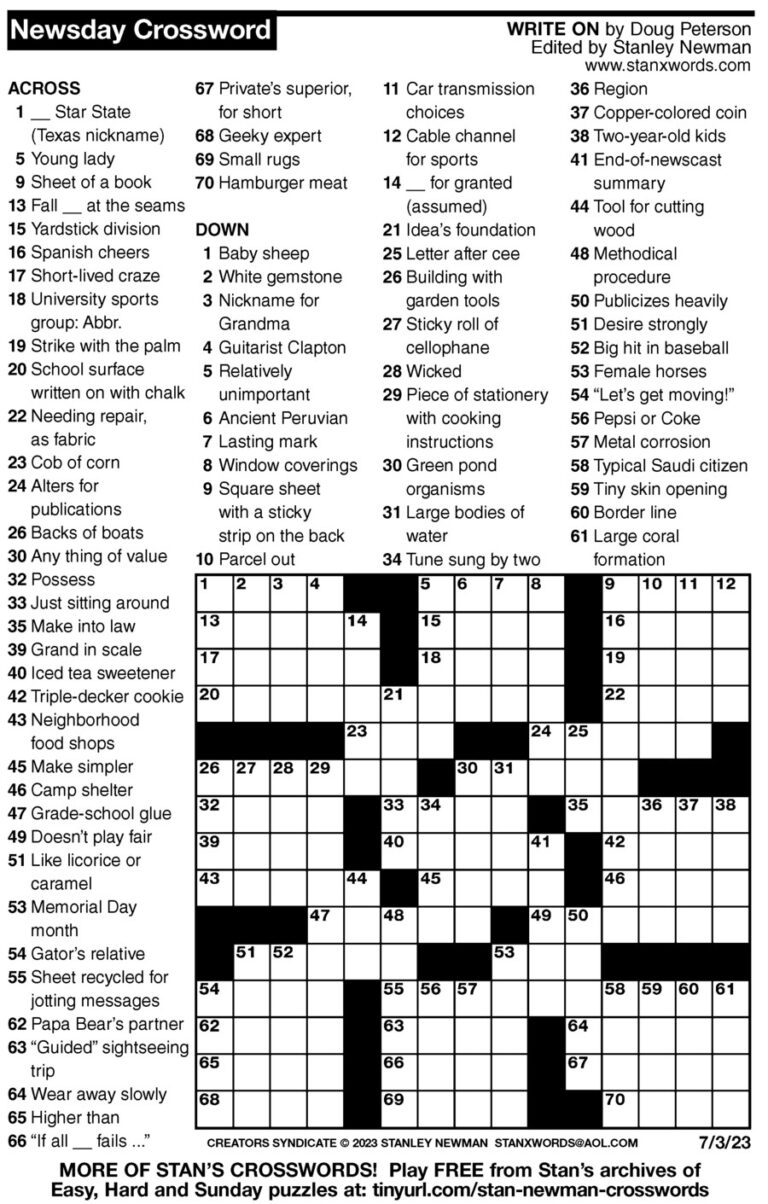 Newsday Crossword Puzzle For Jul 03 2023 By Stanley Newman Creators Syndicate
