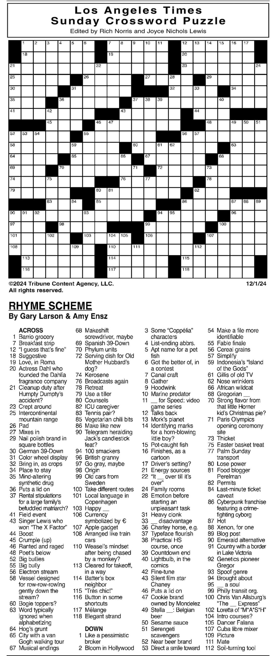 la times sunday crossword puzzle