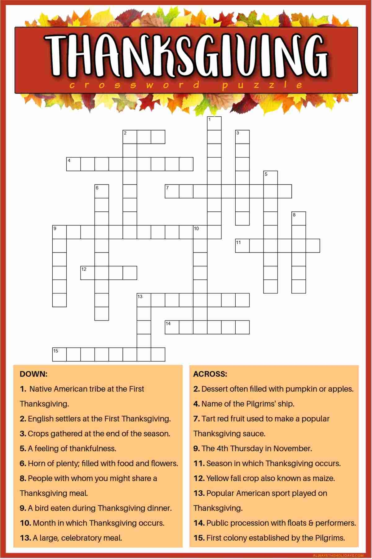 Free Printable Thanksgiving Crossword Puzzle With Answer Key