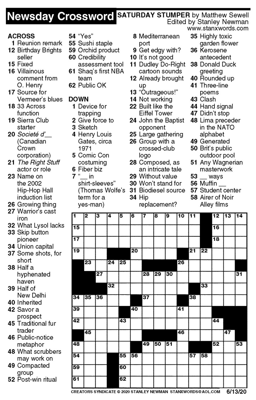 Newsday Crossword Puzzle For Jun 13 2020 By Stanley Newman Creators Syndicate