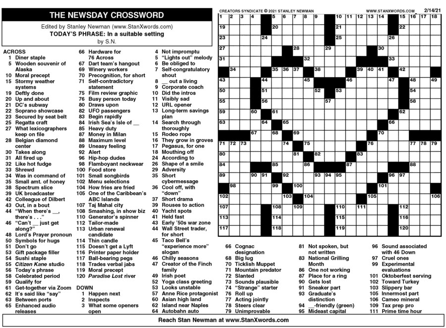 Newsday Crossword Sunday For Feb 14 2021 By Stanley Newman Creators Syndicate