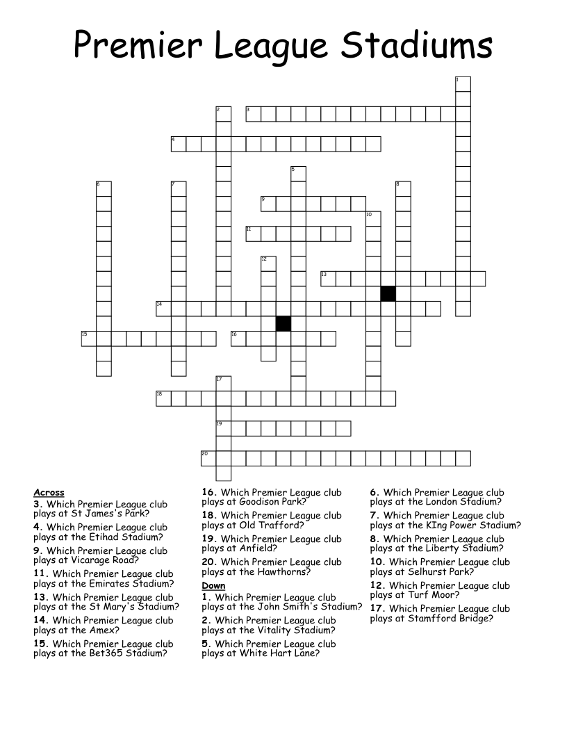 Premier League Stadiums Crossword WordMint