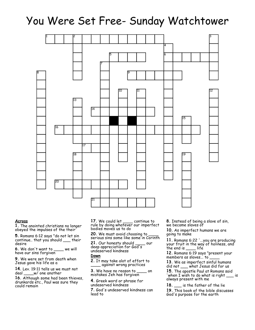 You Were Set Free Sunday Watchtower Crossword WordMint