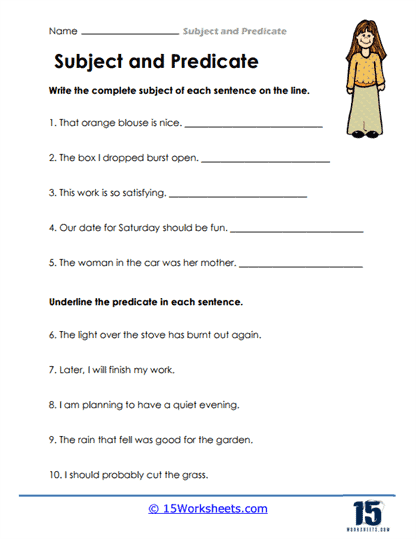 Worksheet page illustrating subject-predicate matching activity