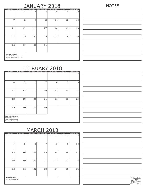 Three month calendar grid with January to March