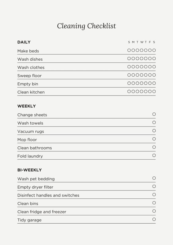 Laminated weekly cleaning schedule on kitchen counter