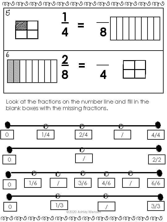 Student writes missing numerator on fraction worksheet