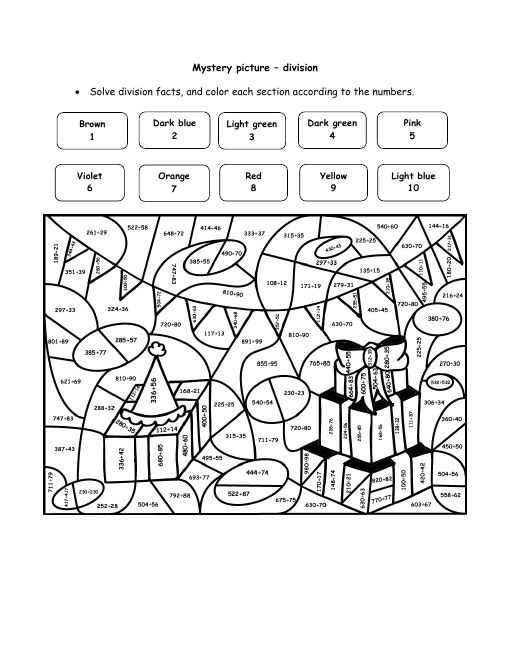 Student colors numbered sections after solving division problems