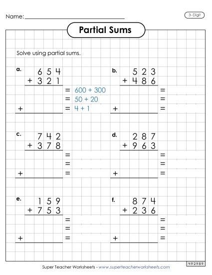 Open workbook page showing triple digit addition steps