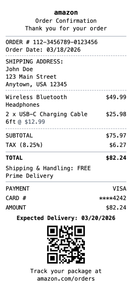 Printer-ready amazon receipt layout template