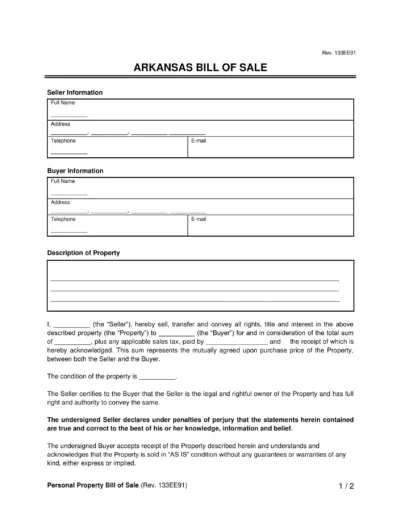 Sample Arkansas bill of sale form template