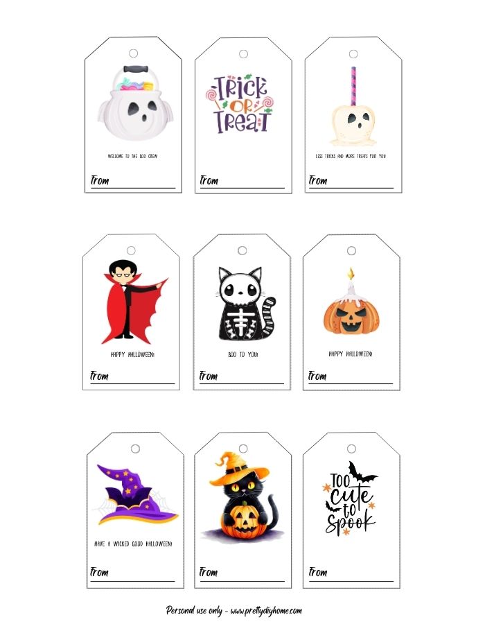 samples of free halloween gift tag designs on desk