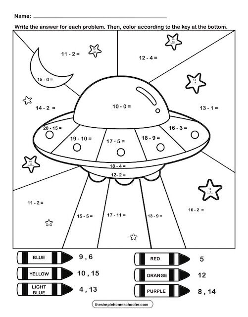 Student coloring a subtraction color-by-number worksheet