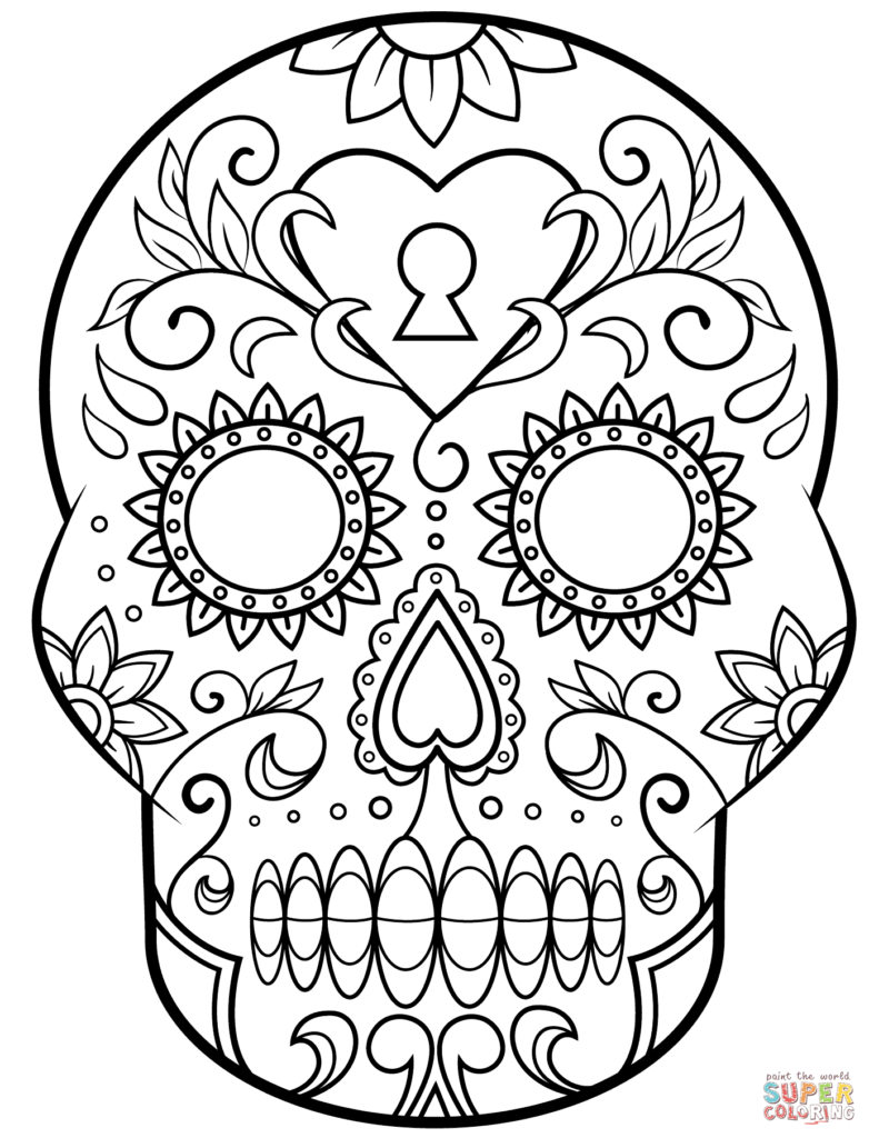 Older child finishing a detailed day of the dead coloring page