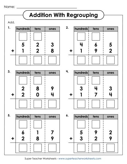 Color-coded printable addition board for regrouping