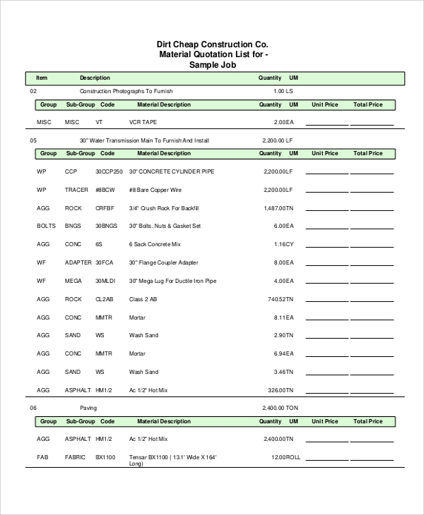 printable material list template