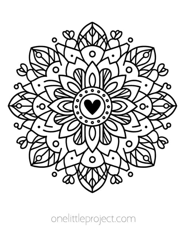 Colorful printable simple mandala page ready for coloring on a clean desk