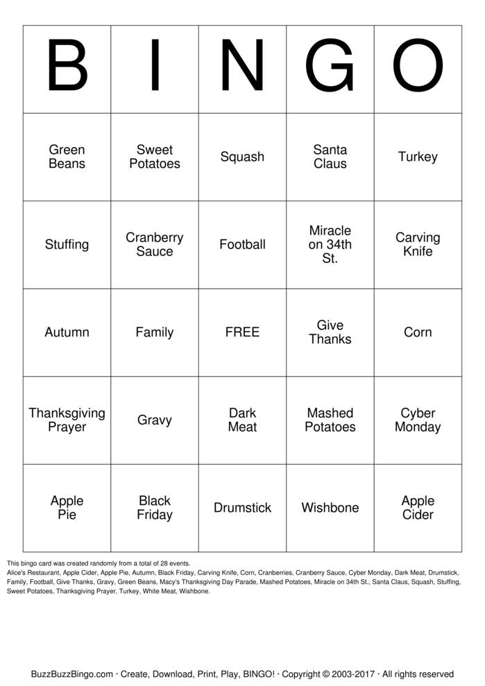 Printed Thanksgiving bingo card layout on table