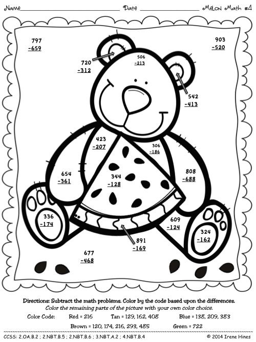 Color-coded three-digit addition worksheet for kids