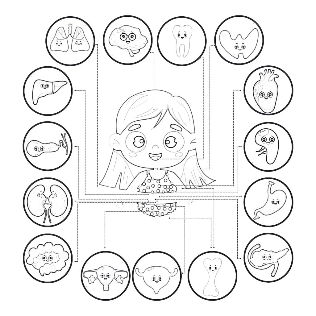 Preschooler coloring a page with basic body parts outlined