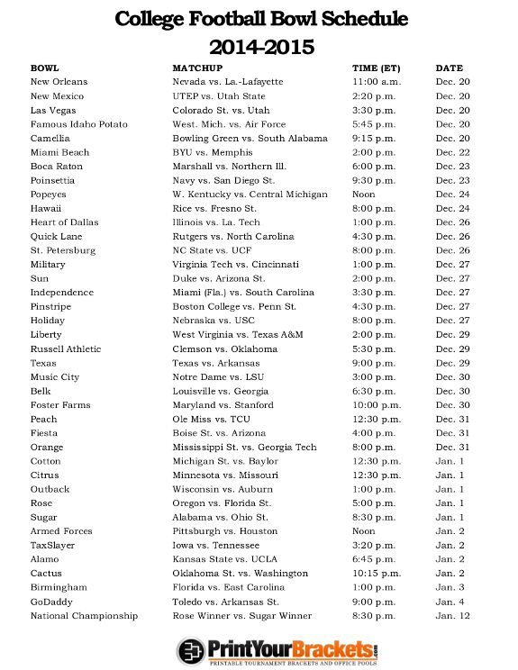 Printable bowl game calendar spread layout
