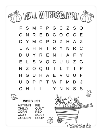 A kid solving a fall-themed word search puzzle