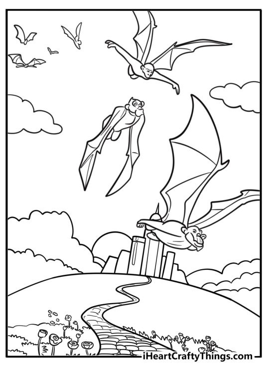 Children sharing a story while coloring the flying monkey