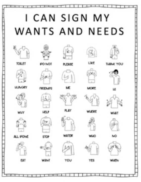 Person signing hello beside a basic ASL chart
