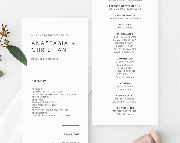 Close-up of a folded printable wedding program with floral accents