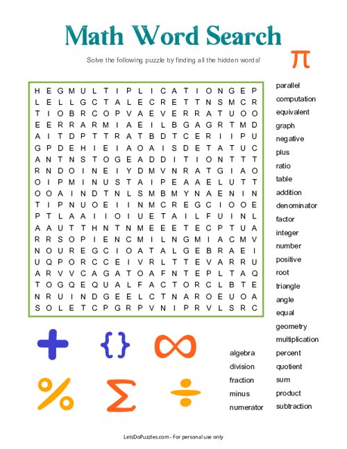 Close-up of a math word search grid