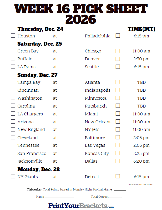 simple blank calendar with week 16 nfl games labeled