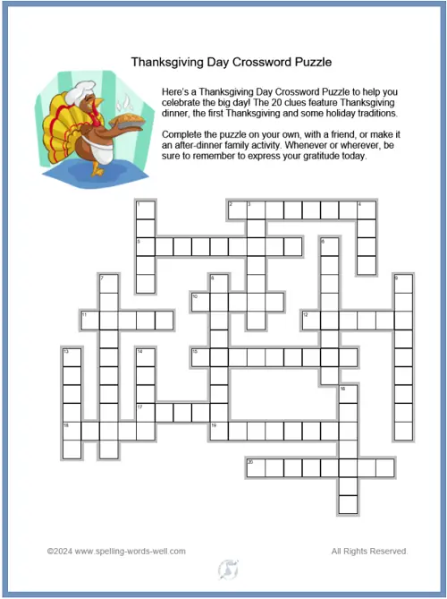Student solving a Thanksgiving crossword puzzle worksheet