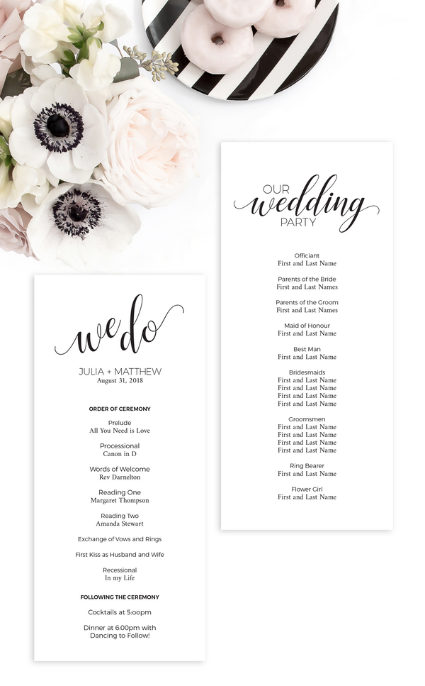 A neatly arranged table with sample printed wedding programs
